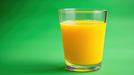 Fresh Orange Juice in a Clear Glass Against a Green Background