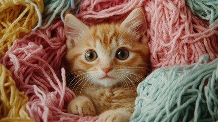 Naklejka premium Cute orange kitten surrounded by colorful yarn in soft texture