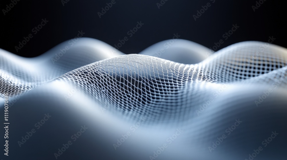 Aufkleber Abstract Representation of Flowing Waves Created with Light and Mesh Structure, Showcasing Depth and Soft Curves Against a Dark Background