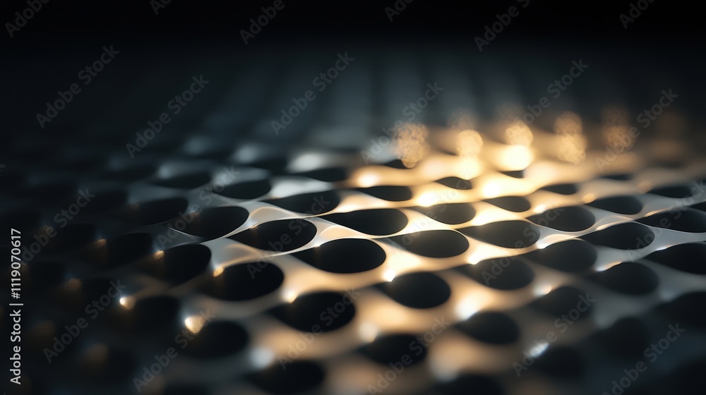 Poster close-up view of a textured metallic surface with circular indentations, soft reflections, and a pla