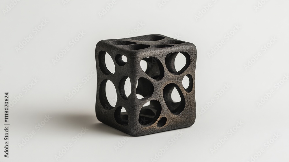 Poster Modern and Abstract Black Sculpture with Circular Cutouts Displayed on a Clean Background for Artistic and Creative Use in Design Projects