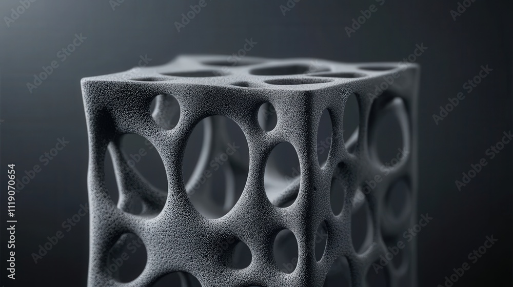 Poster abstract geometric structure with unique organic holes and textured surface, showcasing intricate de