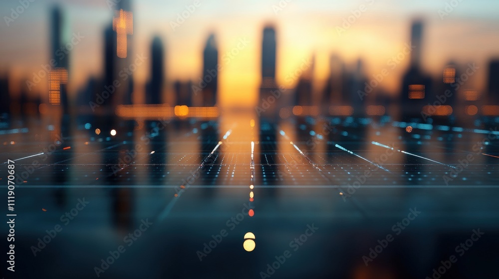 Poster futuristic cityscape with digital grid display and sunset illuminating urban skyline, representing t