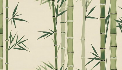 Delicate Bamboo Patterns in Soft Green on Beige Textured Canvas