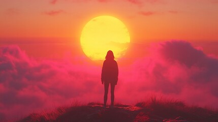 Fototapeta premium Silhouette of woman on mountaintop at vibrant sunset.