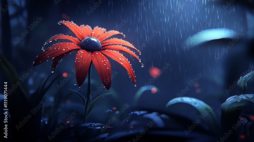 Poster stunning red flower with raindrops in enchanted forest setting