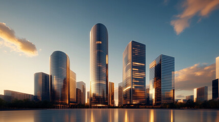 Naklejka premium Contemporary cityscape featuring sleek glass buildings, glowing under the warm hues of sunset, reflecting innovation and modernity. 