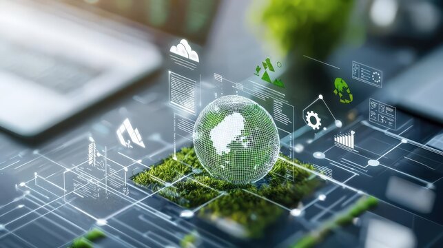 Corporate executives analyzing ESG goals on a holographic Earth, surrounded by green technology and governance icons