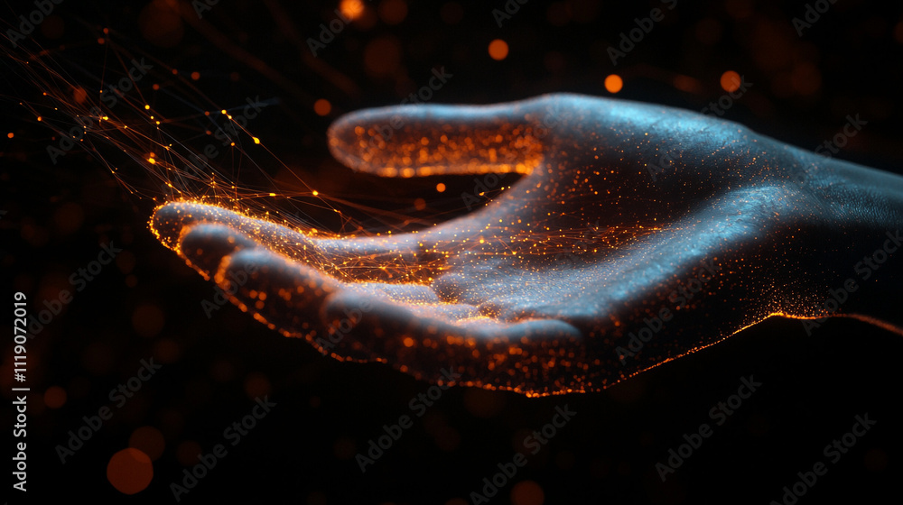 Poster hand reaching out with glowing particles in a dark environment creating a magical effect