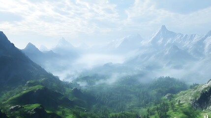 Obraz premium A Misty Mountain Valley with Lush Green Vegetation and Snow-Capped Peaks