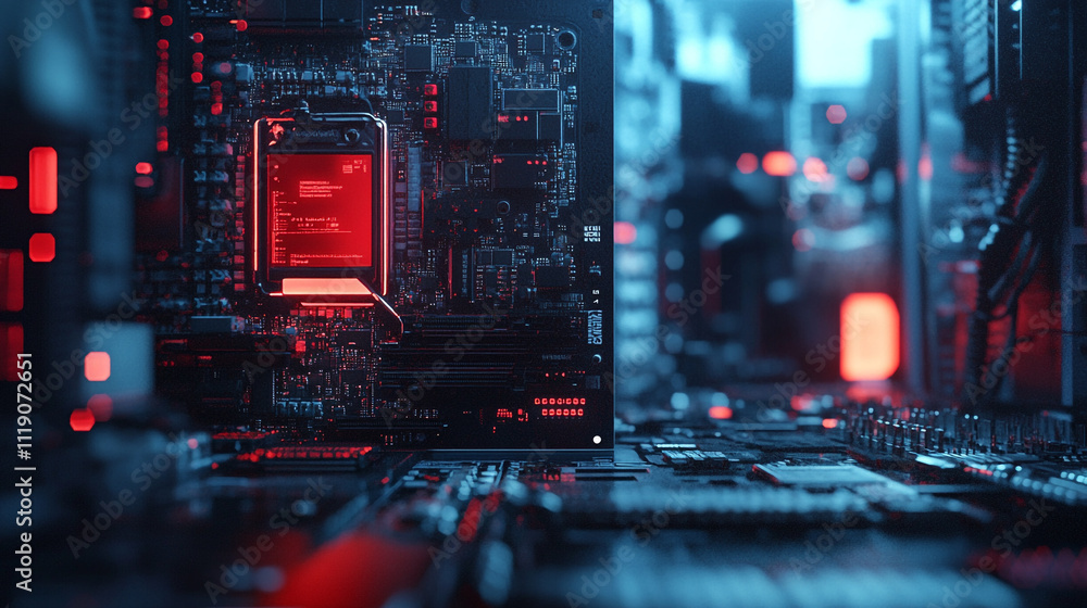 Aufkleber exploration of a computer motherboard with colorful lights illuminating the circuitry