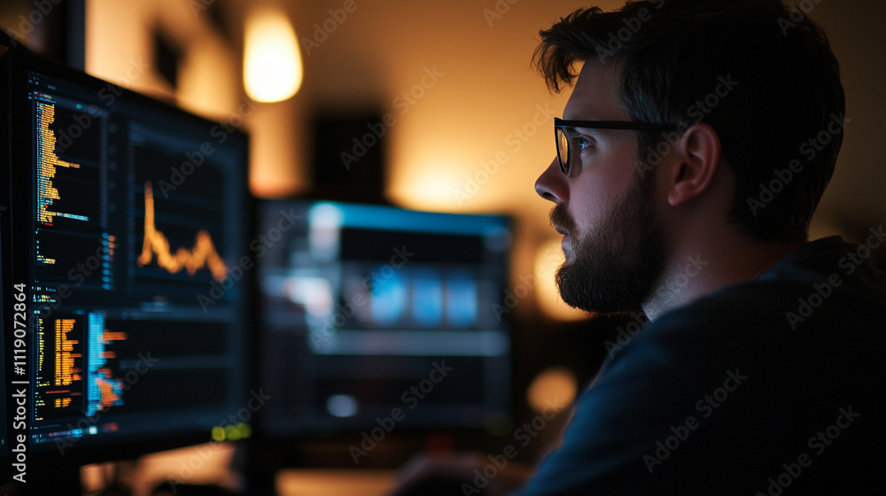 Poster focused programmer analyzing data on dual computer screens late at night