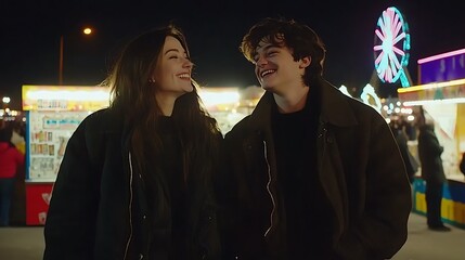 Obraz premium Couple smiling at each other at a carnival at night