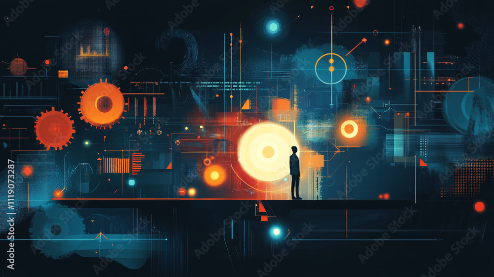 Aufkleber silhouette of a person standing against a colorful abstract background of gears and data