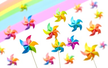 Cheerful Rainbow Pinwheels Spinning Over a White Gradient Background