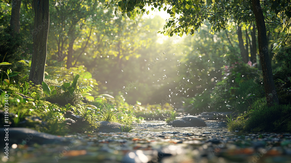 Poster tranquil river flowing through a lush forest at dawn with sunlight filtering through trees