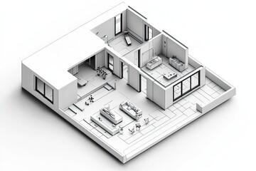 A 3D icon of an architect portrait with a drafting tool, floor plan, and scale model, in a black and white theme on a white background