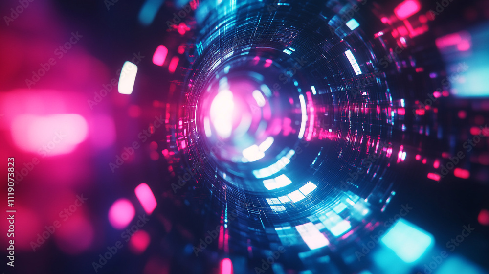 Poster colorful digital vortex with glowing lights and dynamic movement effects in a futuristic environment
