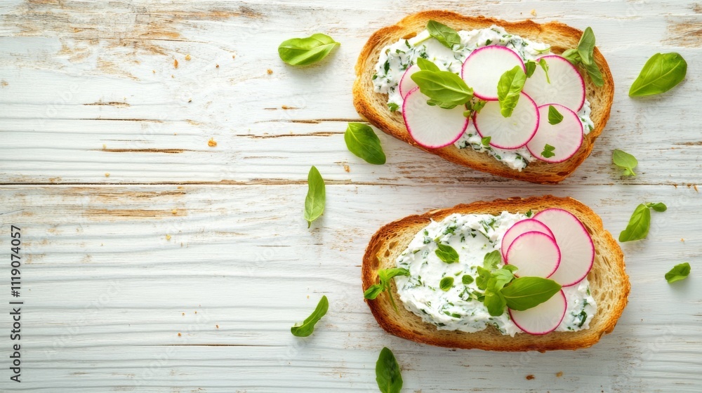 Poster fresh radish and herb spread on toast with green garnish