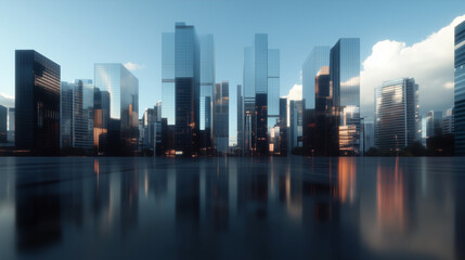 Fototapeta premium Modern Skyscrapers Reflecting in Urban Night 