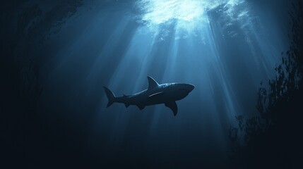 Obraz premium Shark swimming in deep dark ocean water with sunbeams.
