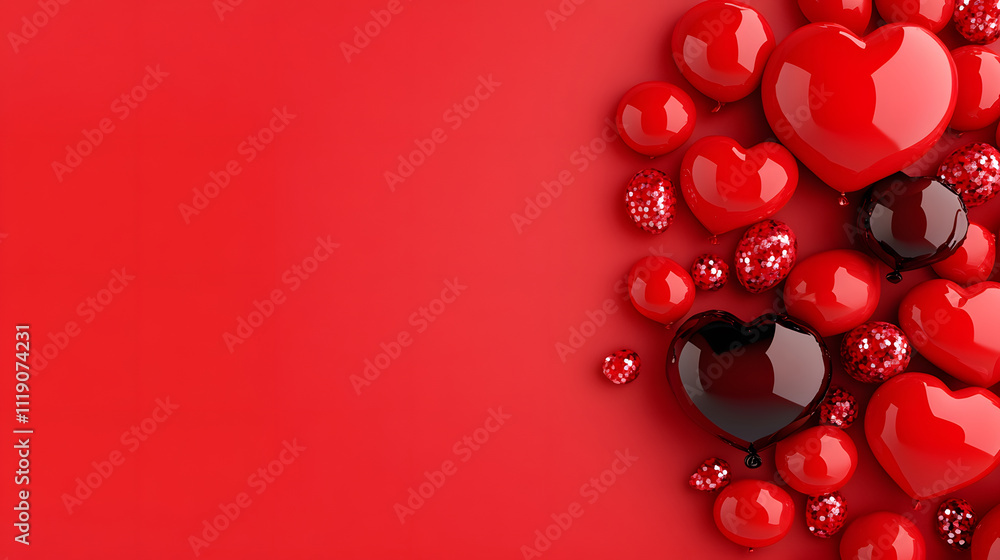 Poster a vibrant composition of red and black hearts on a smooth red surface, creating a romantic and festi