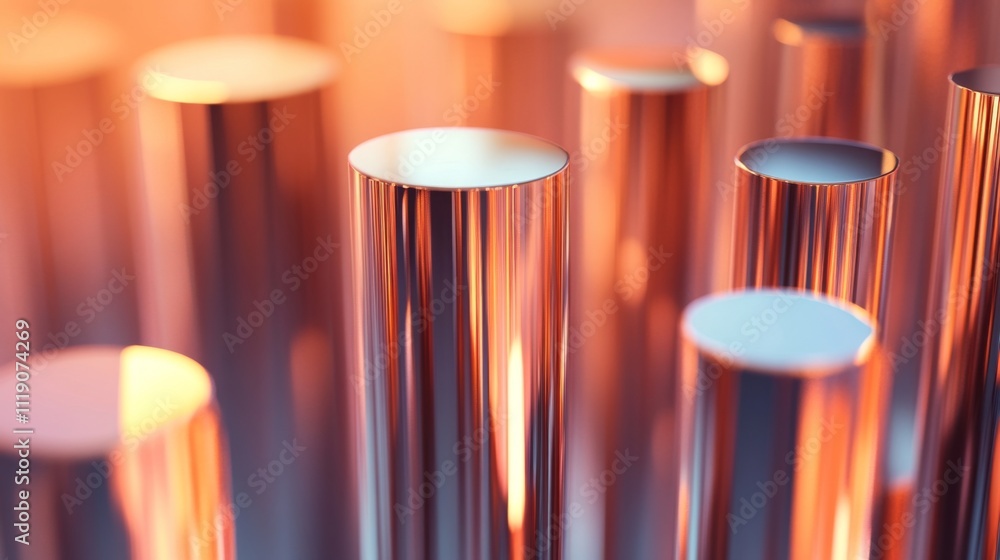 Poster abstract close-up view of shiny metallic cylinders with reflections