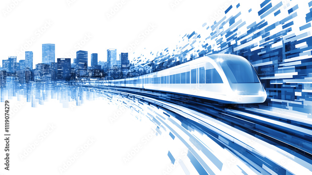 Poster a futuristic train speeds through a modern cityscape, surrounded by dynamic blue lines representing 