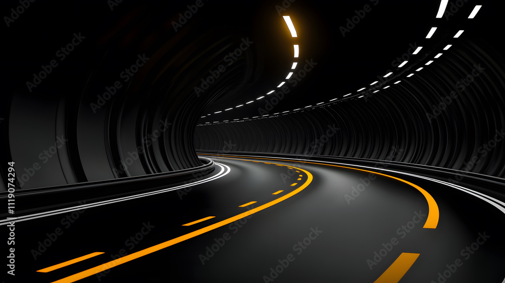 Poster a dark, curved tunnel with illuminated yellow lines, showcasing a modern road design in an undergrou