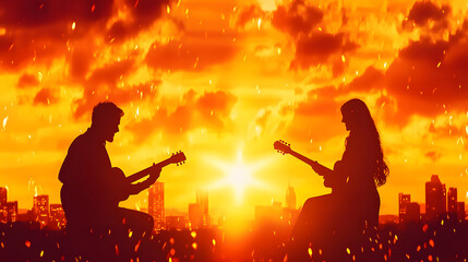Obraz premium A romantic silhouette of two musicians playing guitars against a vibrant sunset backdrop, capturing a moment of connection and creativity