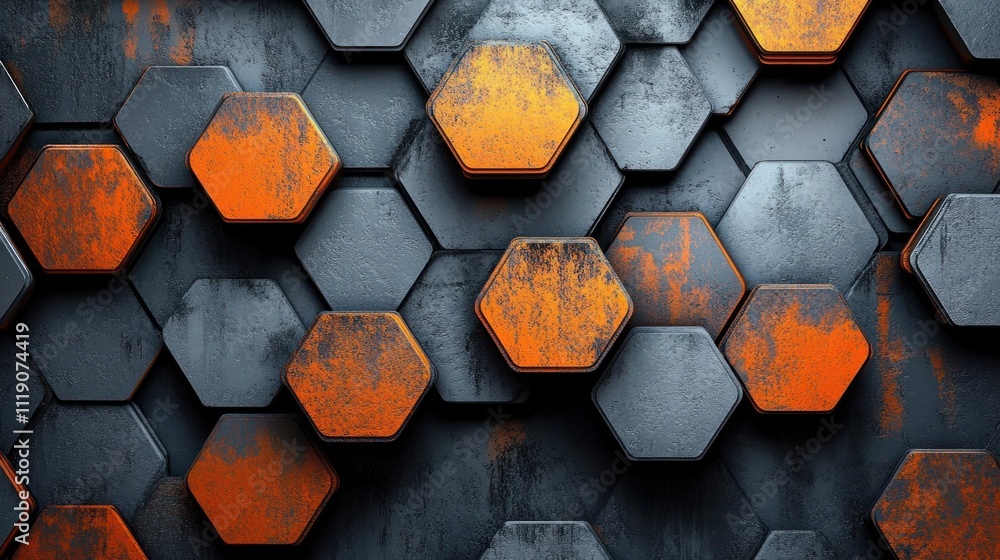 Poster abstract hexagonal metal background with gray and rust colors in industrial style