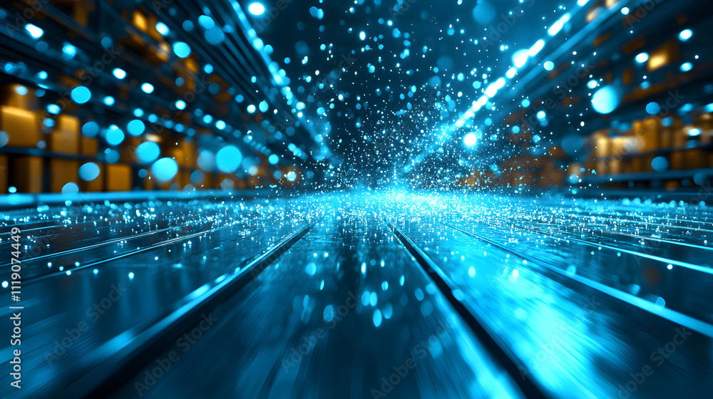 Poster A vibrant, abstract depiction of blue light rays and shimmering particles, creating a dynamic and futuristic atmosphere