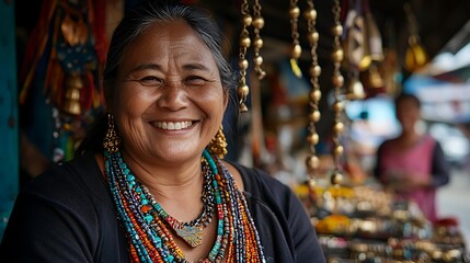 Fototapeta premium Smiling Woman Wearing Colorful Beads at Market
