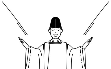 口に手を当てて呼び込みをする神社の神主、烏帽子と狩衣姿