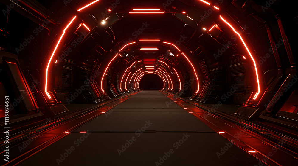 Poster A futuristic tunnel illuminated with red neon lights, creating a sci-fi atmosphere with a sleek, metallic design