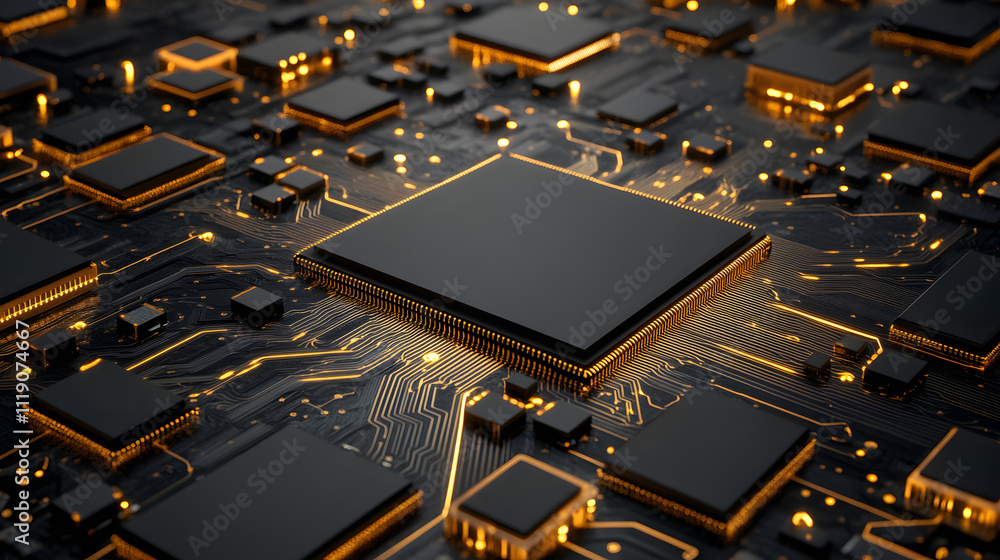 Aufkleber a close-up view of a circuit board featuring a central chip with intricate connections and glowing e
