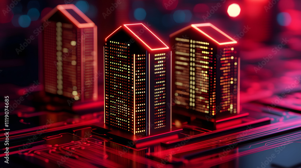 Poster A futuristic depiction of illuminated buildings on a circuit board, blending architecture with technology in a vibrant red ambiance