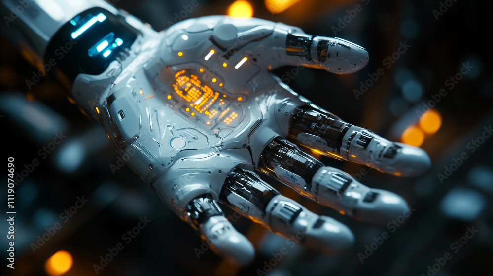 Poster robotic hand displays intricate technology and glowing circuitry in a futuristic environment