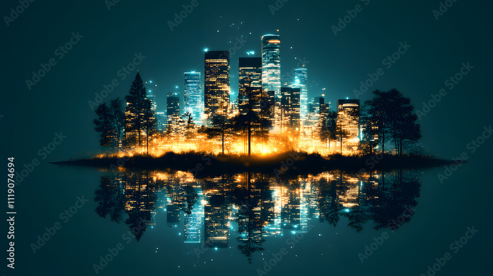 Poster a vibrant urban skyline at night, illuminated with glowing lights, surrounded by trees and reflected