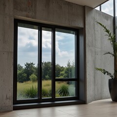 Obraz premium A modern, minimalist house window designed for interior decor, featuring an open office-style glass window frame, isolated against a plain background.
