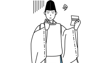 預金通帳を見て落ち込む神社の神主、烏帽子と狩衣姿