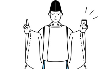 スマホのセキュリティ対策をする神社の神主、烏帽子と狩衣姿