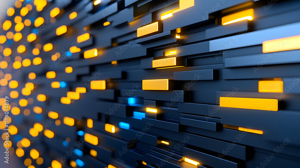 Poster a vibrant, abstract composition featuring illuminated blocks of yellow and blue on a dark background