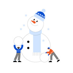 Young people building a snowman