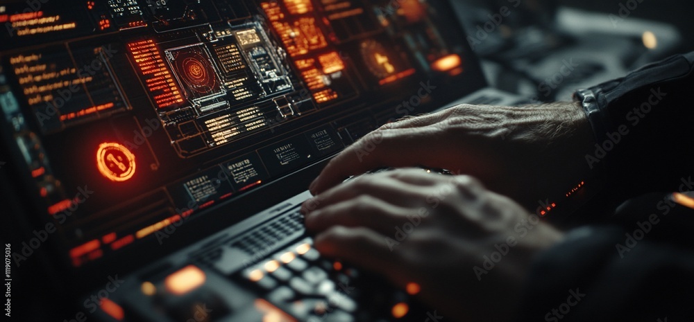 Aufkleber close-up of hands typing on a futuristic laptop with an illuminated interface.