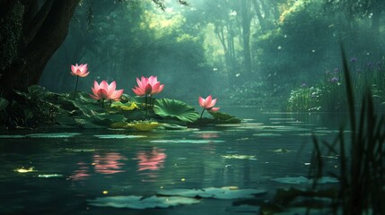 Serene pink lotus flowers blossom on a tranquil pond nestled within a lush, mystical forest.