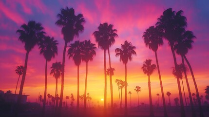 Silhouettes of palm trees at sunset, vibrant colors.