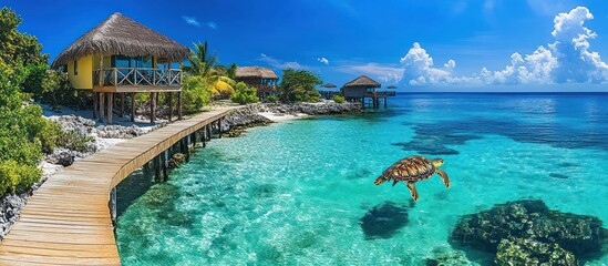 Obraz premium Tropical beach resort with wooden walkway, turquoise water, sea turtle, and overwater bungalows.