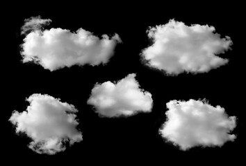 Isolated cloud collection on black background. Set of different types of clouds. Design. Fog. Haze....