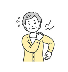 肩こりや肩の痛みで肩に手を当てる高齢女性の上半身イラスト